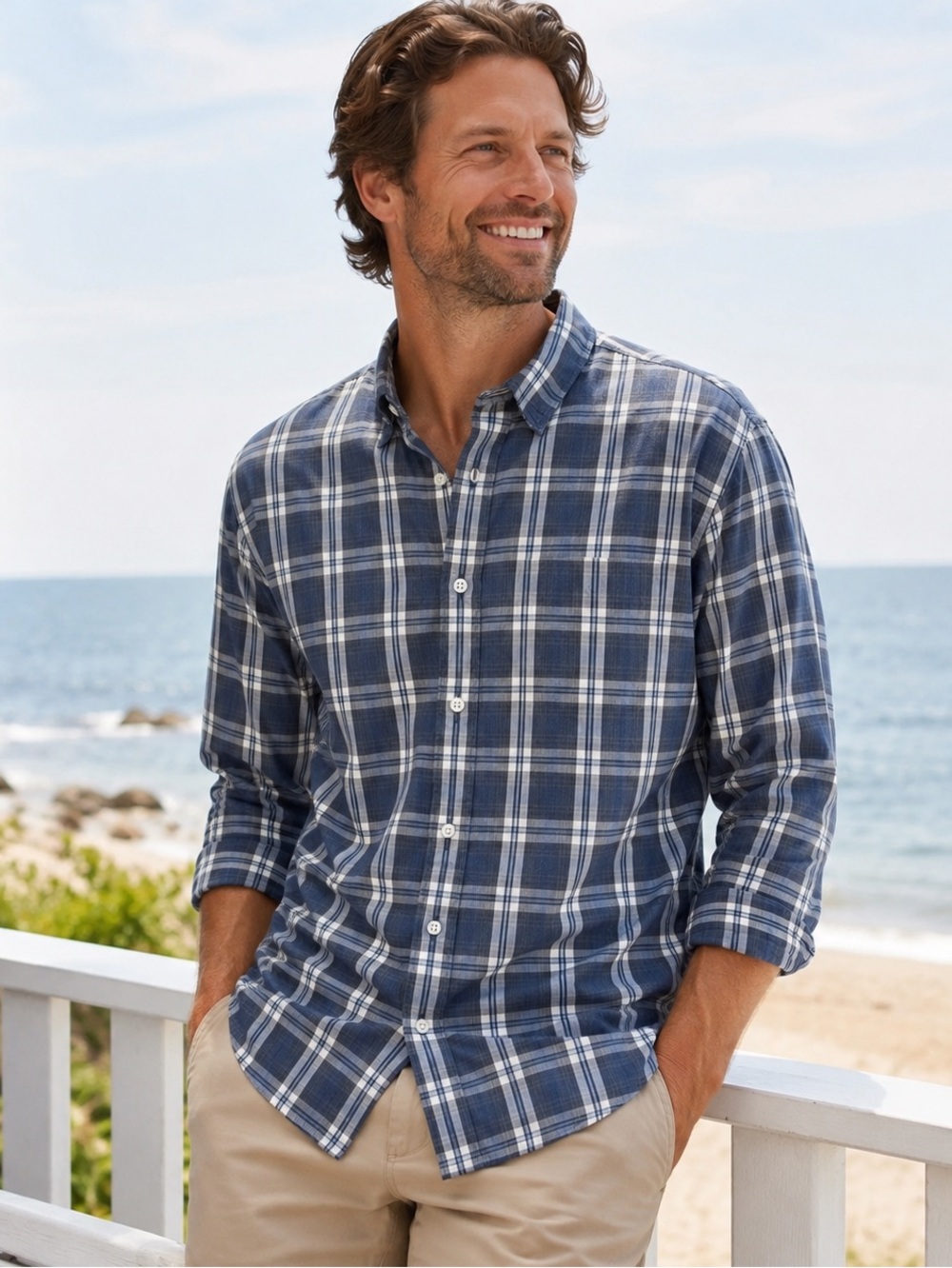 Faherty Movement Shirt Men’s M Blue White Plaid Performance Stretch Button Up